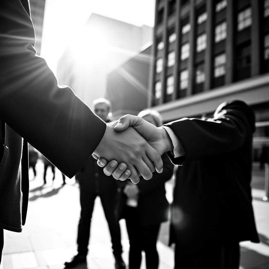 Two people shaking hands in downtown Indianapolis sunlight
